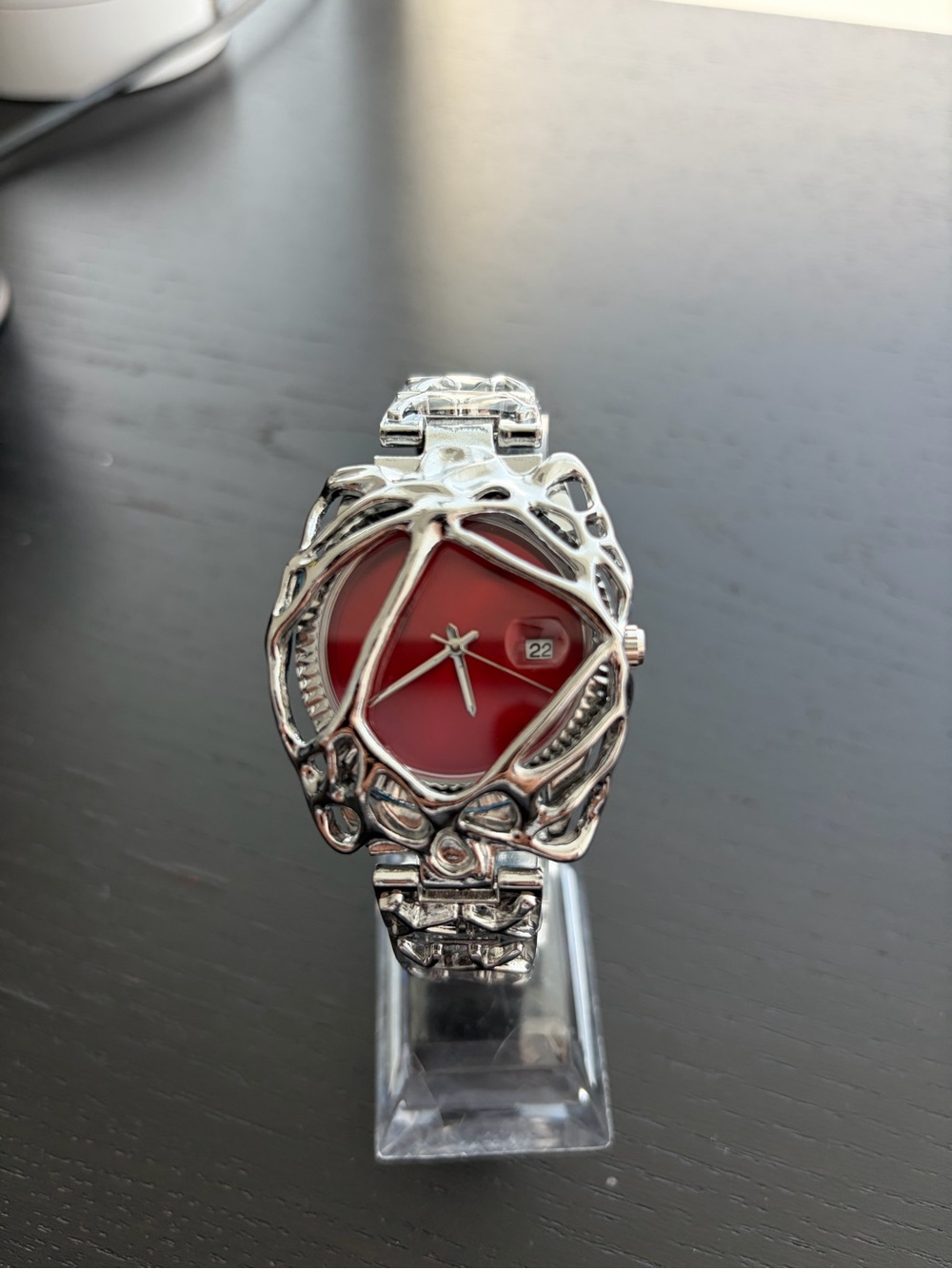 Silver Bracelet Watch with Red Dial